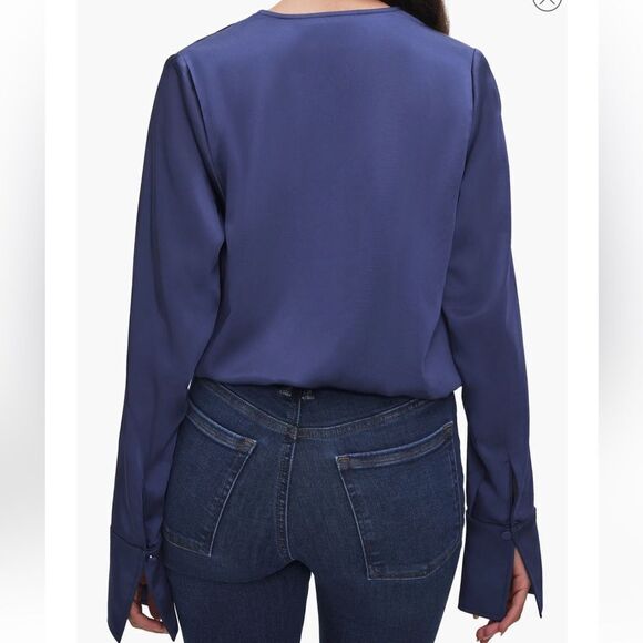 Good American Long Sleeve Washed Satin Wrap Front Blouse Blue XL NEW MSRP $149 - Picture 2 of 8